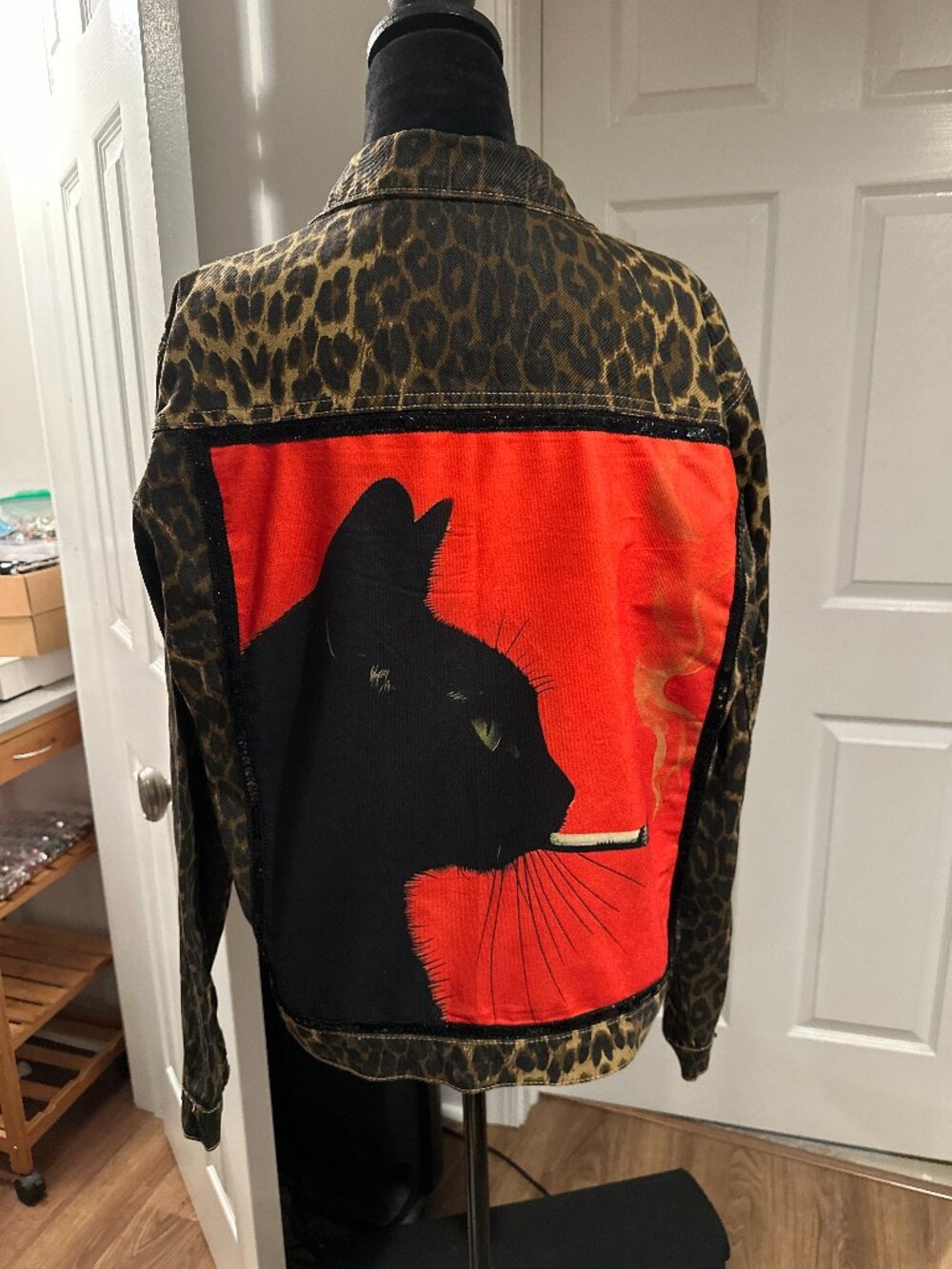 Cat Lovers Jacket- Leopard Print Denim Jean Jacket with Smoking Cat (S)